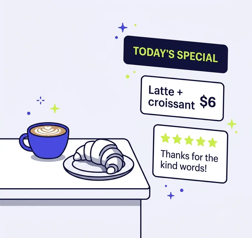 A café counter next to a today's special banner, a latte and croissant offer and a five-star review reply