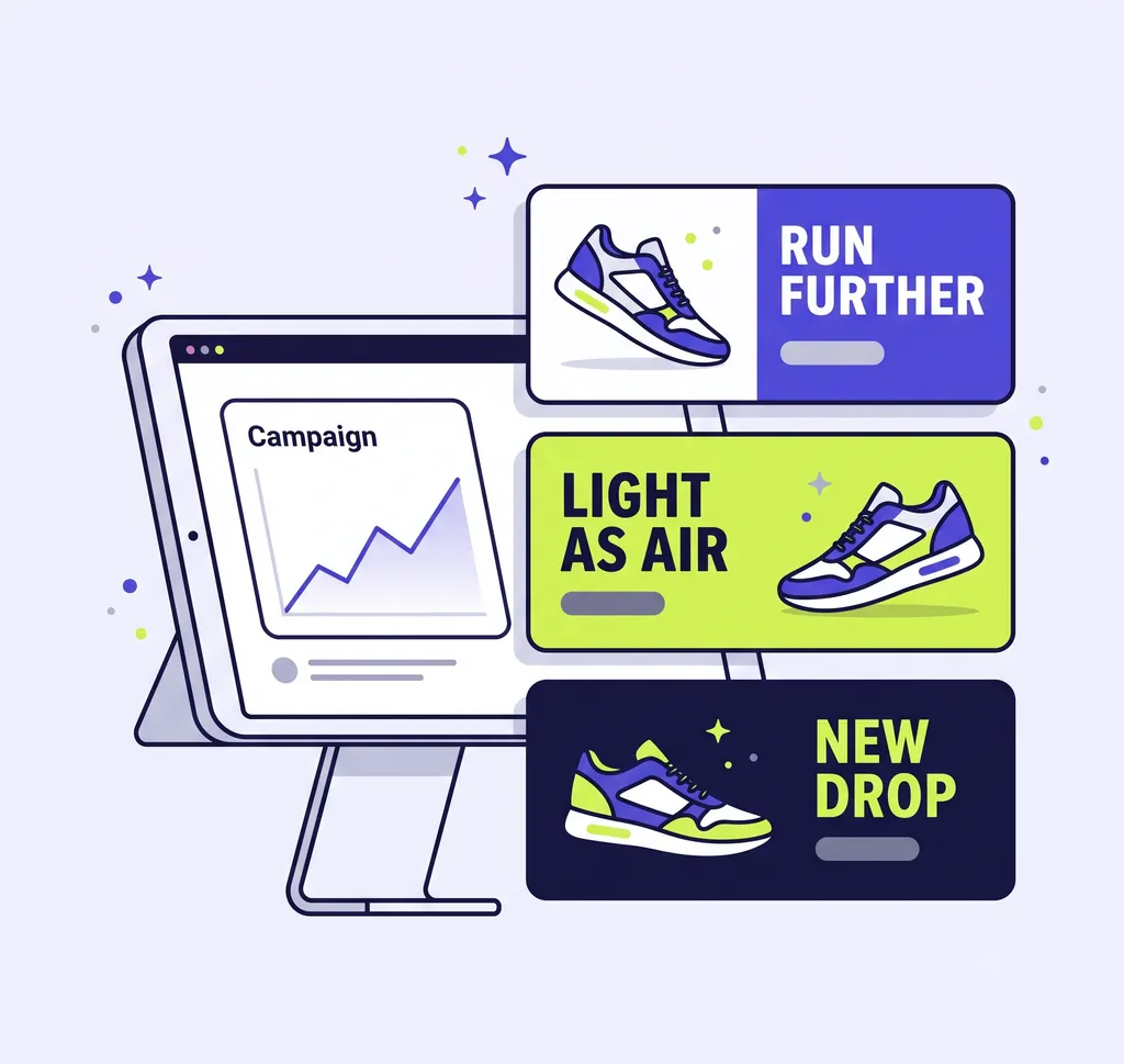 A campaign chart next to three sneaker ad variations with different headlines in one brand style