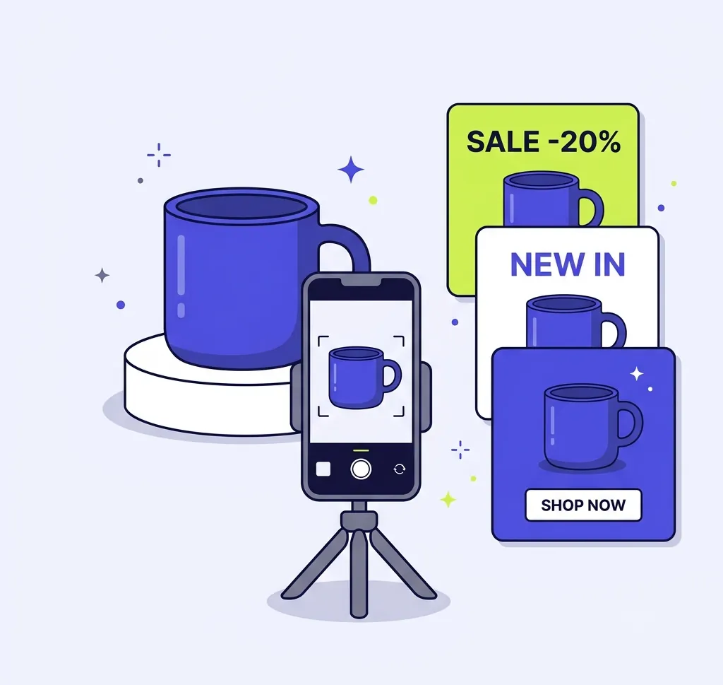 A product mug photographed with a phone, next to sale, new-in and shop-now posts made from the same photo