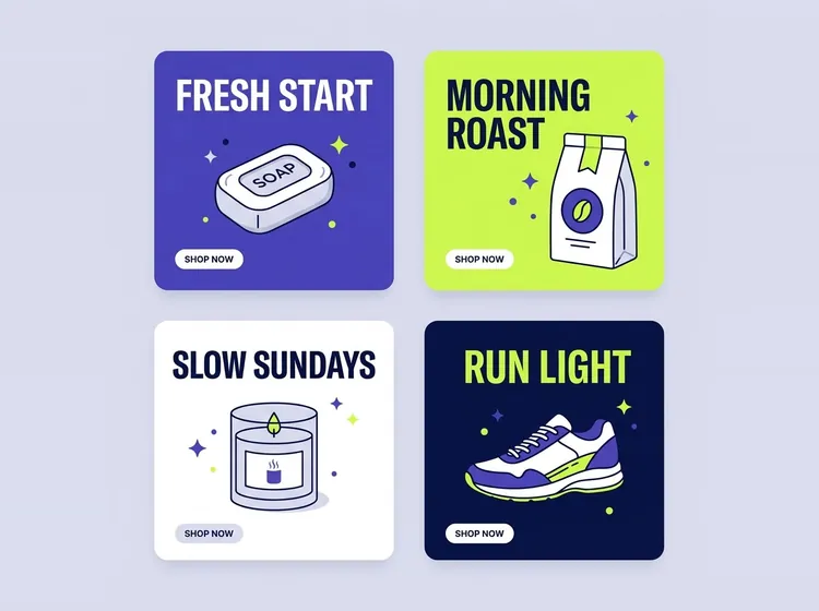 Four ad creatives with headlines and Shop now buttons for soap, coffee, a candle and sneakers