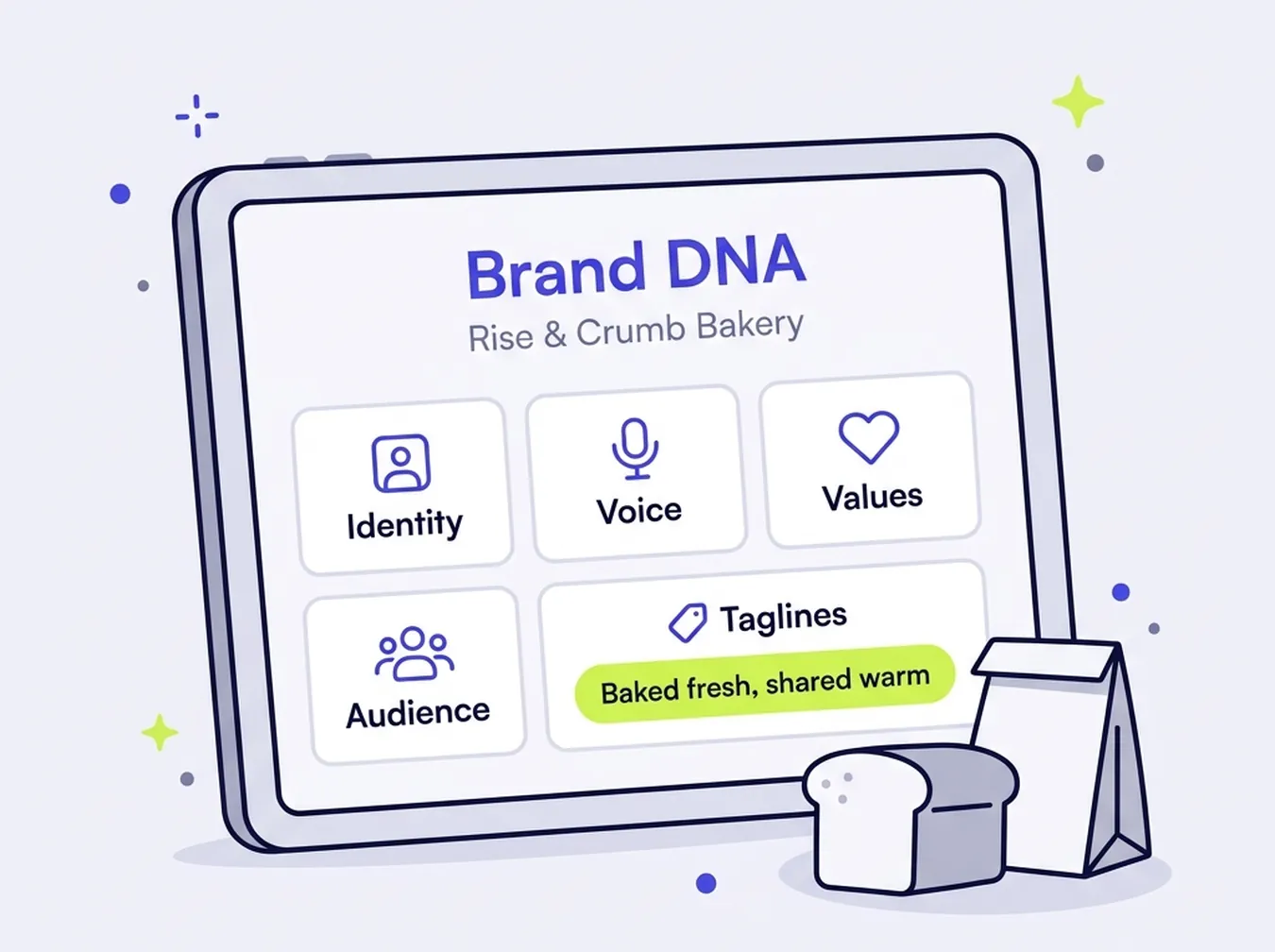 A tablet showing a Brand DNA dossier for a bakery with identity, voice, values, audience and taglines