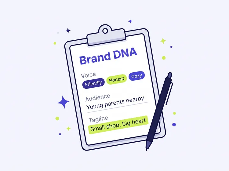 A Brand DNA clipboard with voice keywords, audience and a tagline
