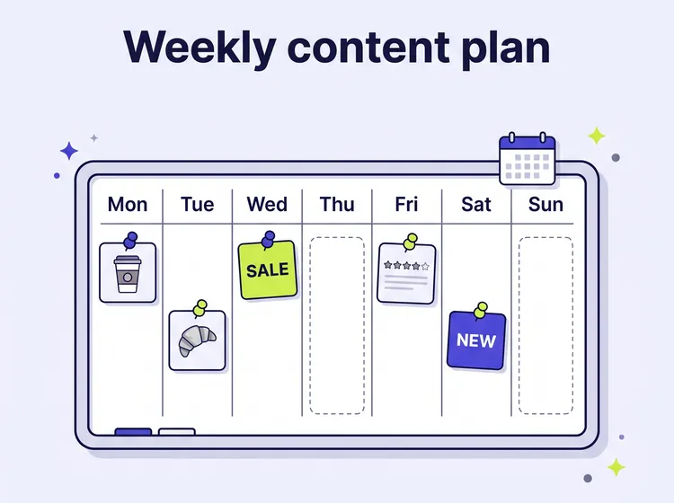 A weekly content plan board with post cards pinned to each day