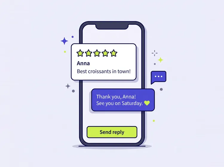 A phone showing a five-star customer review and a warm reply ready to send