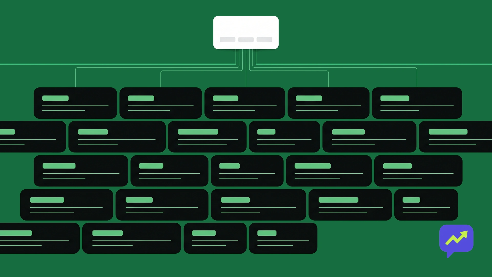 One white card above the line branching into five rows of dark cards on a green field