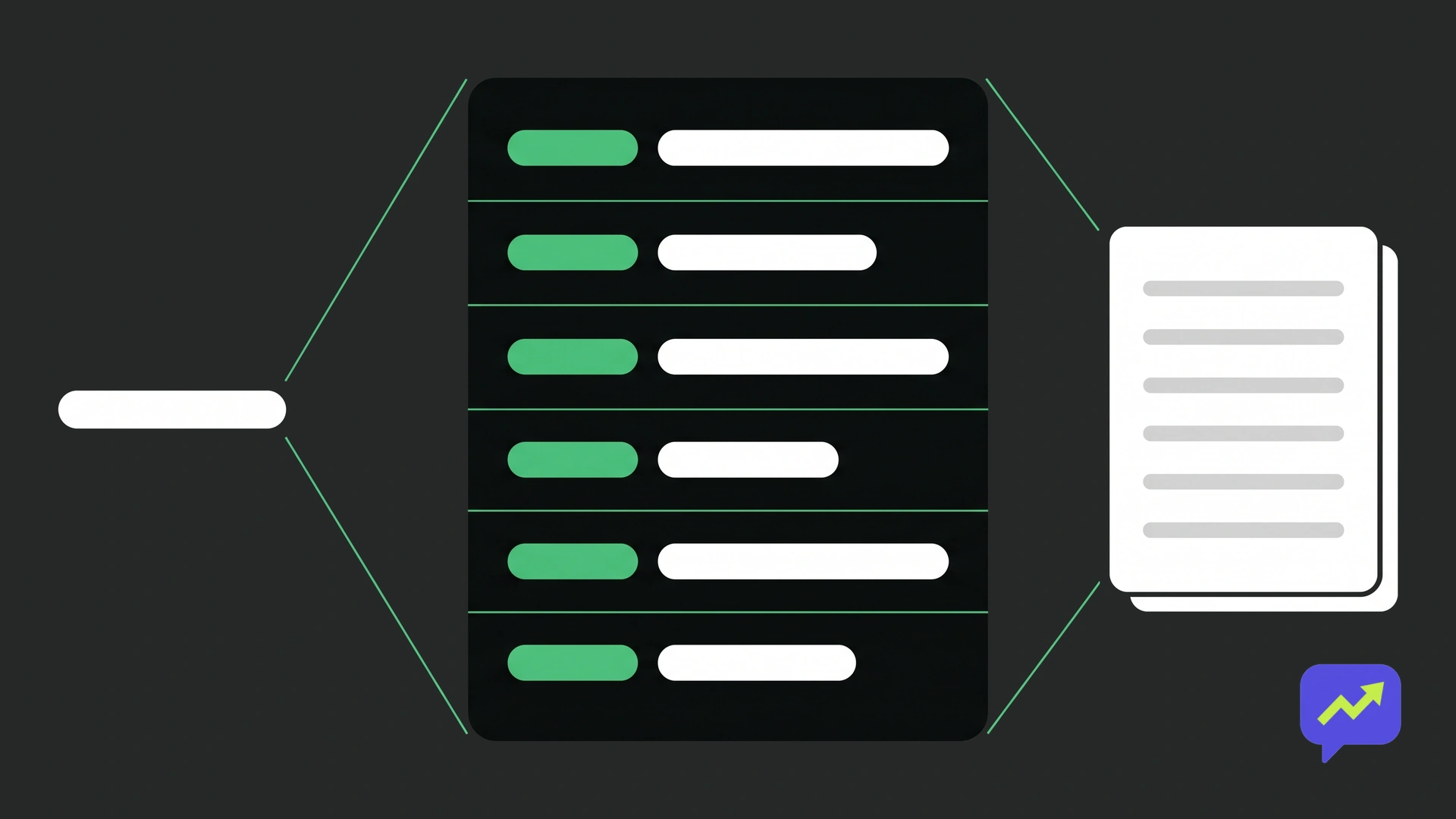 A short white line expanding into a structured brief and then into a finished document